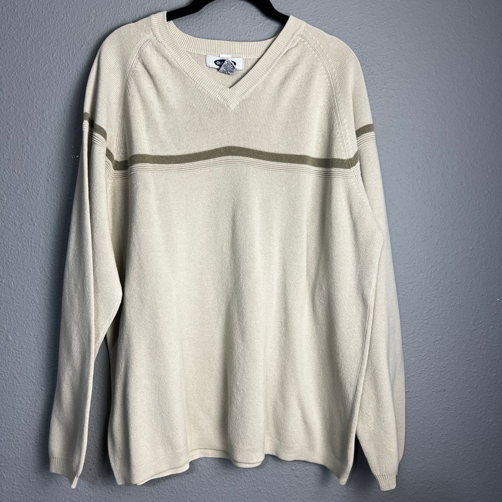 Vtg Old Navy Cream V-Neck Sweater Stripe Detail Casual Cotton Ramie Blend Size L